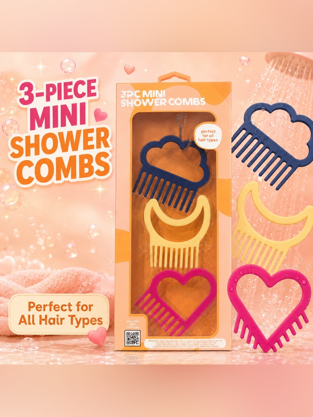 3-Piece Mini Shower Comb Set  — Navy, Yellow & Pink